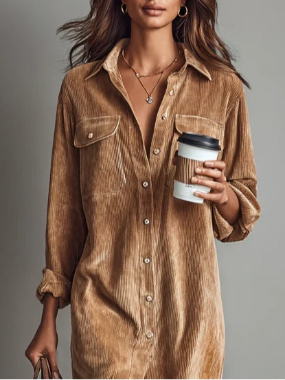 Jennifer | Midi Dress in Corduroy with Pockets and Single Button Closure