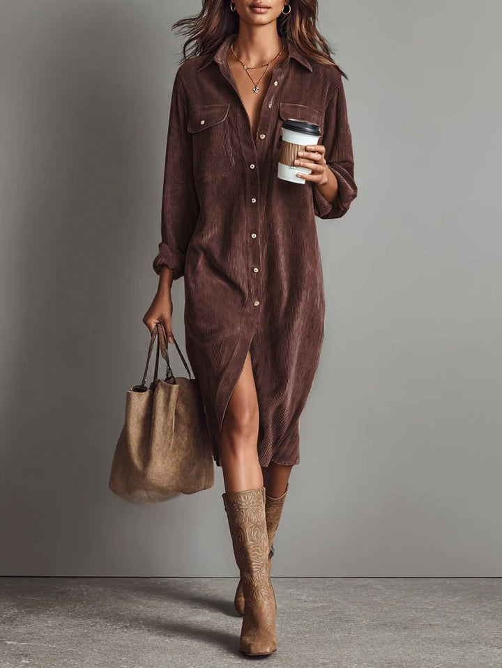 Jennifer | Midi Dress in Corduroy with Pockets and Single Button Closure