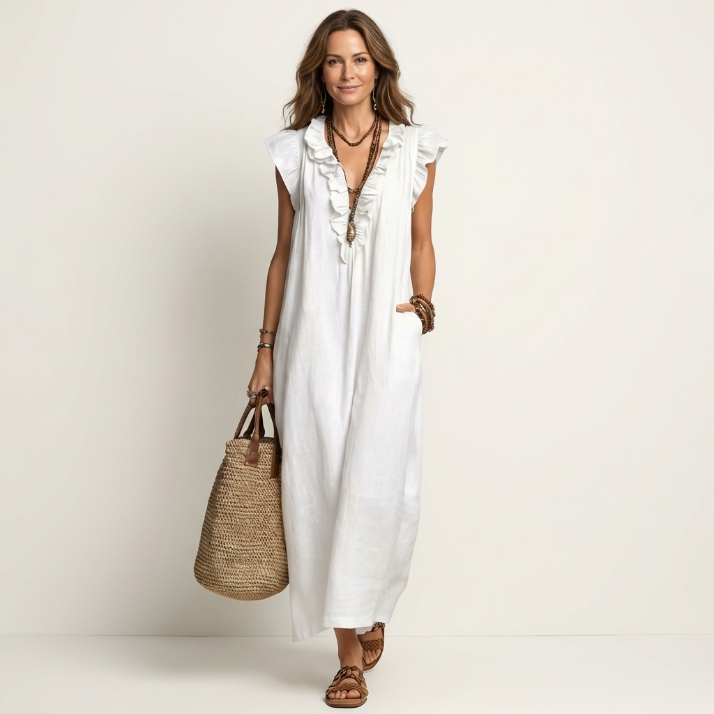 Scarlett | Ruffle V-Neck Linen Maxi Dress