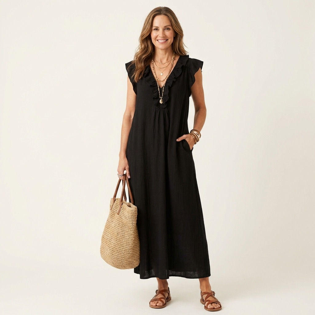 Scarlett | Ruffle V-Neck Linen Maxi Dress