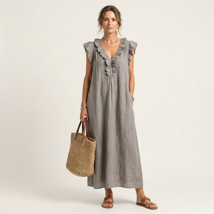 Scarlett | Ruffle V-Neck Linen Maxi Dress