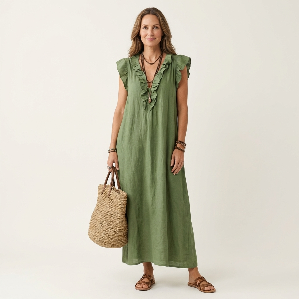 Scarlett | Ruffle V-Neck Linen Maxi Dress