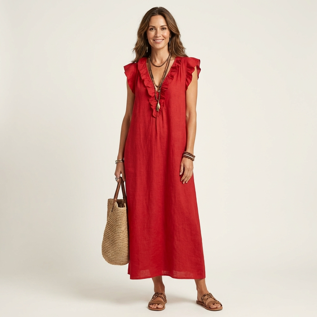 Scarlett | Ruffle V-Neck Linen Maxi Dress
