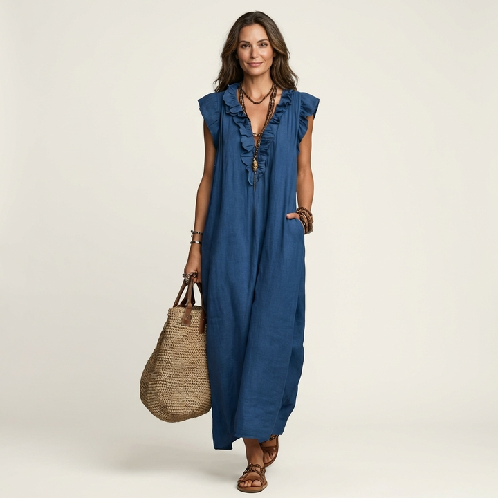 Scarlett | Ruffle V-Neck Linen Maxi Dress