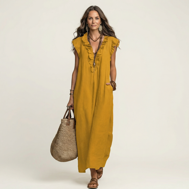 Scarlett | Ruffle V-Neck Linen Maxi Dress