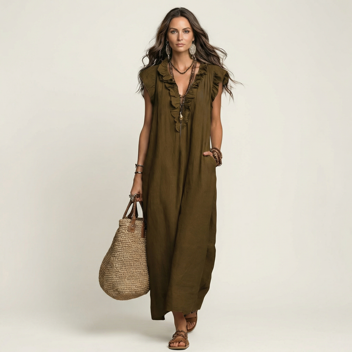 Scarlett | Ruffle V-Neck Linen Maxi Dress