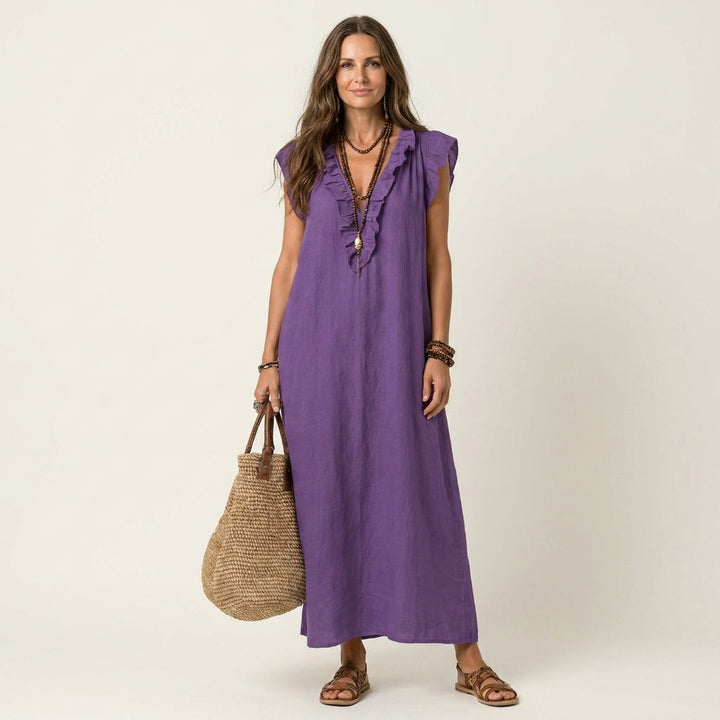 Scarlett | Ruffle V-Neck Linen Maxi Dress