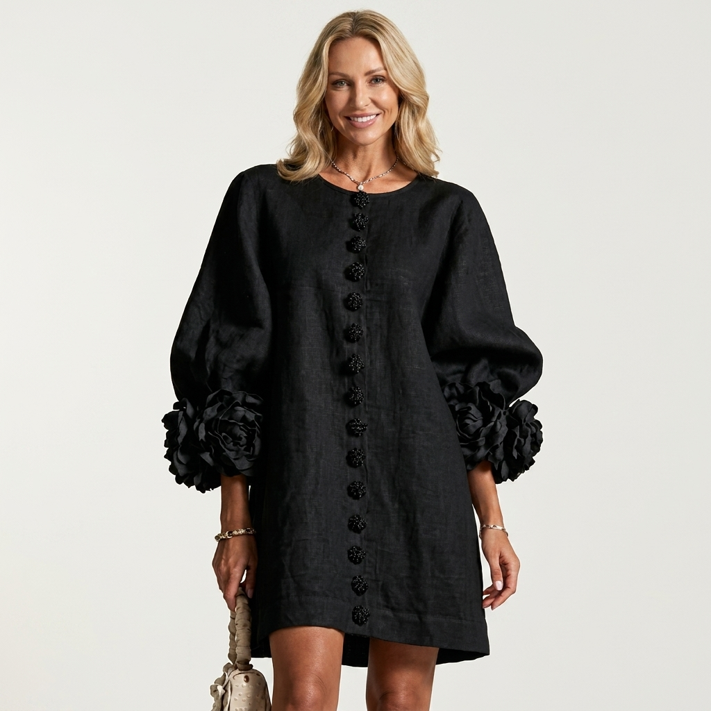 Alyssa | Floral-Button Rose-Cuff Textured Mini Dress