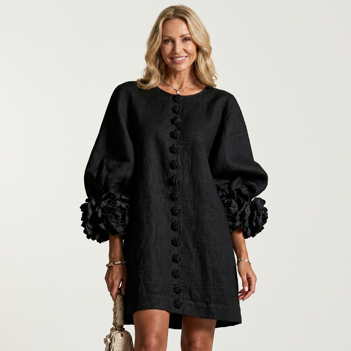 Alyssa | Floral-Button Rose-Cuff Textured Mini Dress