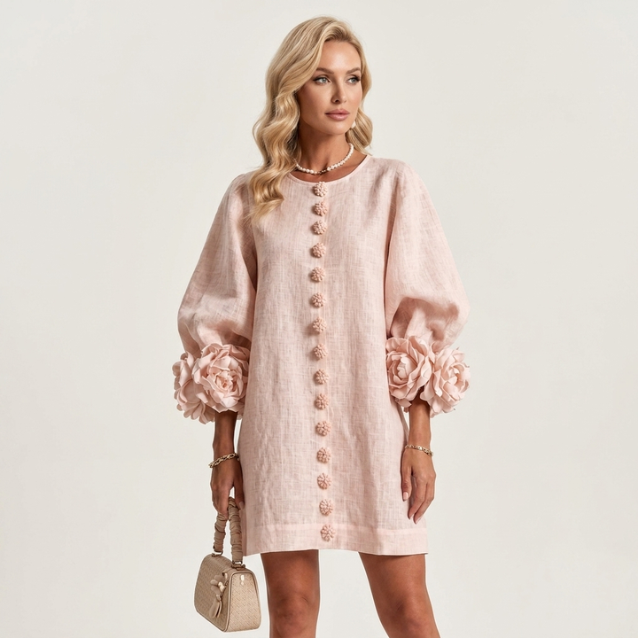 Alyssa | Floral-Button Rose-Cuff Textured Mini Dress