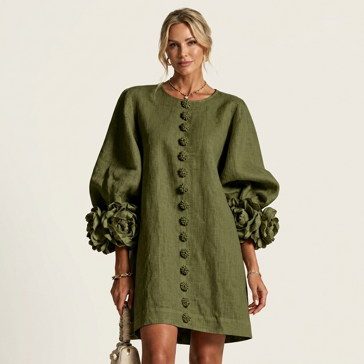 Alyssa | Floral-Button Rose-Cuff Textured Mini Dress