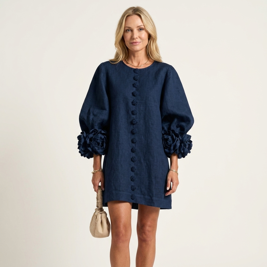 Alyssa | Floral-Button Rose-Cuff Textured Mini Dress