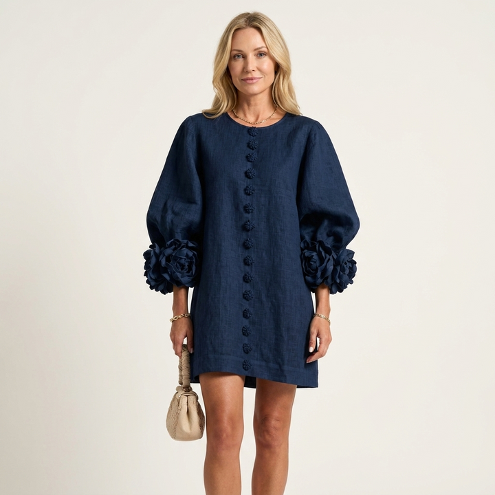 Alyssa | Floral-Button Rose-Cuff Textured Mini Dress