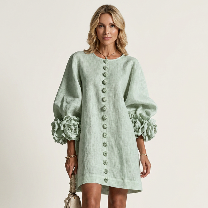 Alyssa | Floral-Button Rose-Cuff Textured Mini Dress