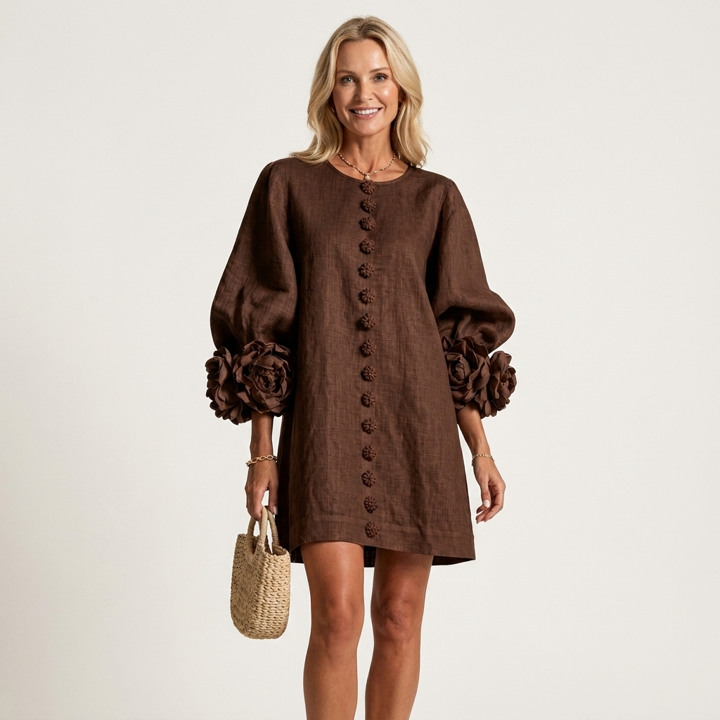 Alyssa | Floral-Button Rose-Cuff Textured Mini Dress