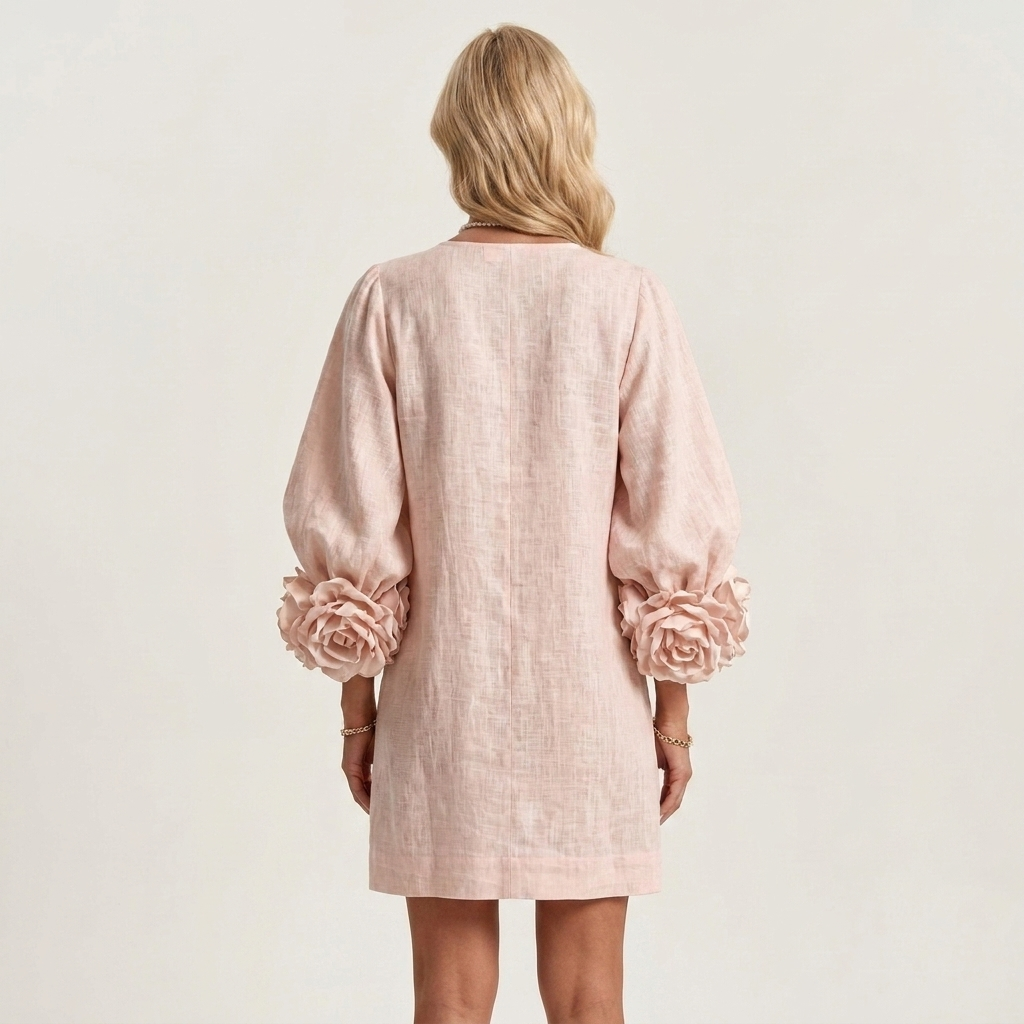 Alyssa | Floral-Button Rose-Cuff Textured Mini Dress