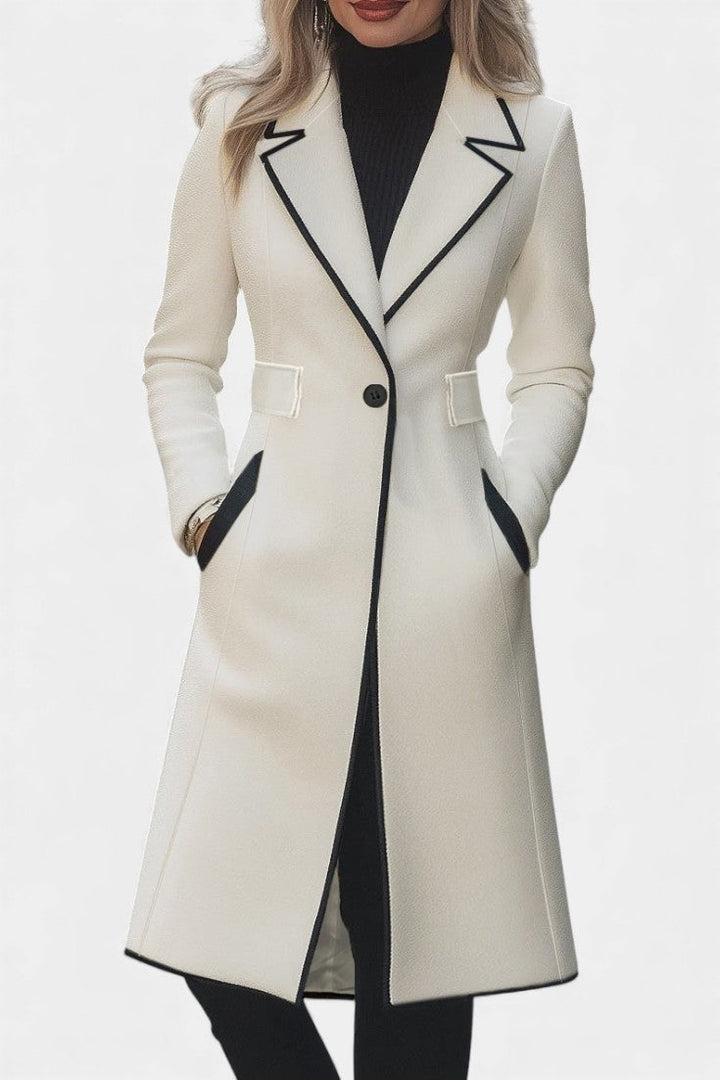 Hayden Aryana | Chic Long White Coat with Contrasting Details